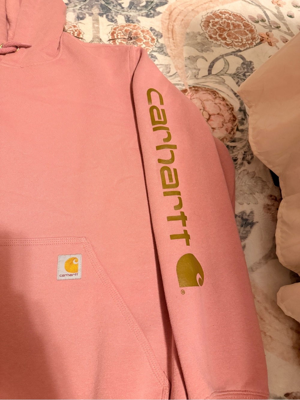 Carhartt Women’s Pink Crewneck Hoodie with Brown Logo Sleeve - Picture 3 of 4